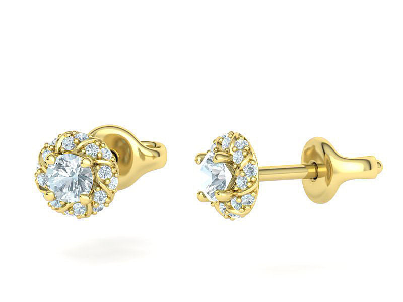 Aretes de Botón Redondos con Halo Retorcido de Oro 14k